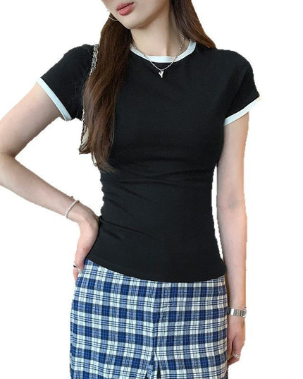 Korean Chic Color Contrast Patchwork Shoulder Round Neck Short Sleeve
