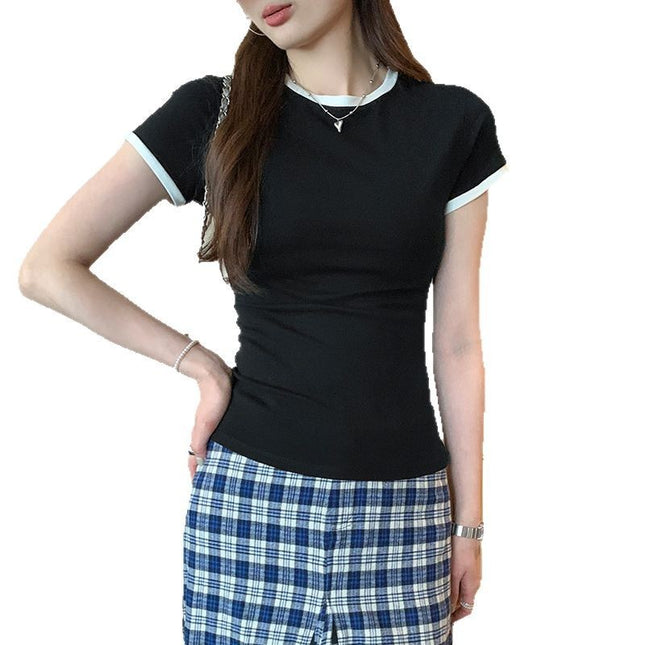 Korean Chic Color Contrast Patchwork Shoulder Round Neck Short Sleeve