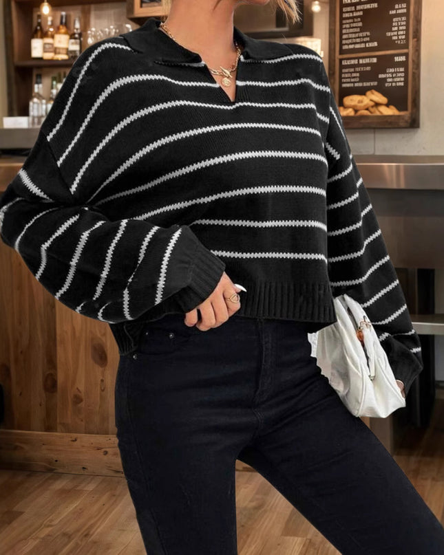 Women's Elegant Polo Collar Stripes Loose Sweater