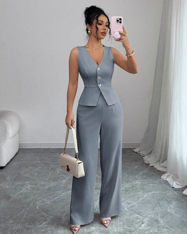 Solid Color Sleeveless Slim Fit Vest High Waist Trousers Two-piece Set