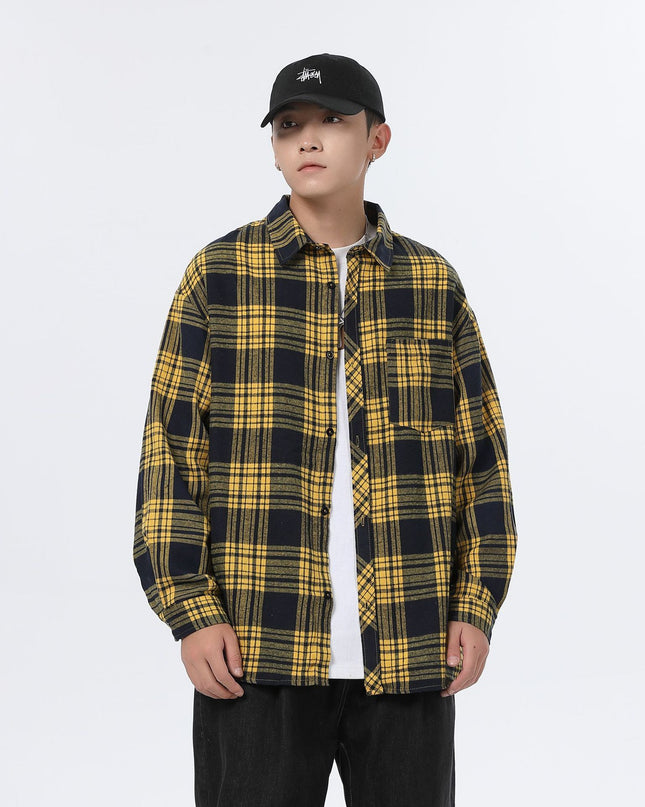 American Retro Plaid For Men Spring And Autumn Loose Casual Bottoming Shirt Coat