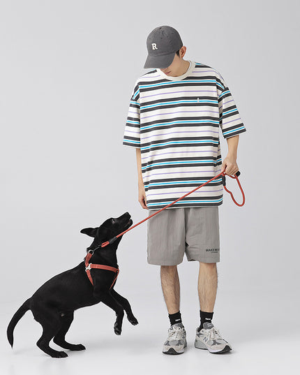 Men's Retro Contrast Color Striped Loose All-match Short Sleeve