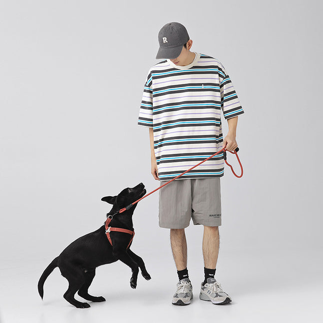 Men's Retro Contrast Color Striped Loose All-match Short Sleeve
