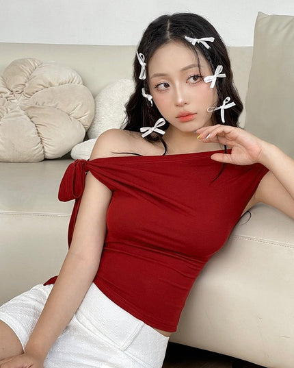 Pleated One-shoulder Backless Twisted Lace-up Asymmetric T-shirt Top