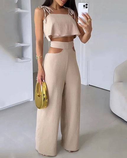 Cross-border Solid Color Sling Top Casual Hollow-out Trousers Suit