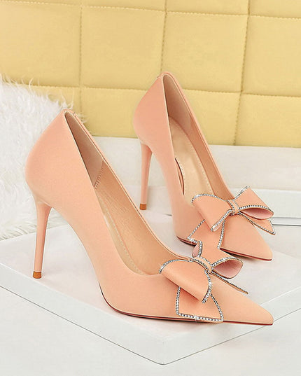 Rhinestone Bow Stiletto Heel Pumps Pointed High Heels