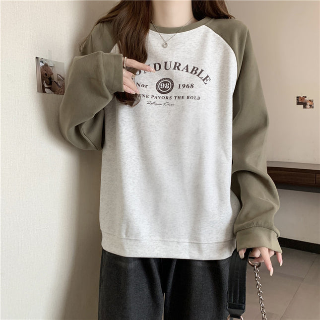 Contrast Color Raglan Long Sleeve Hooded Printed Women