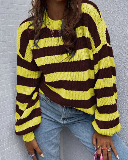 Autumn And Winter New Contrast Color Loose Shoulder Striped Pullover Sweater