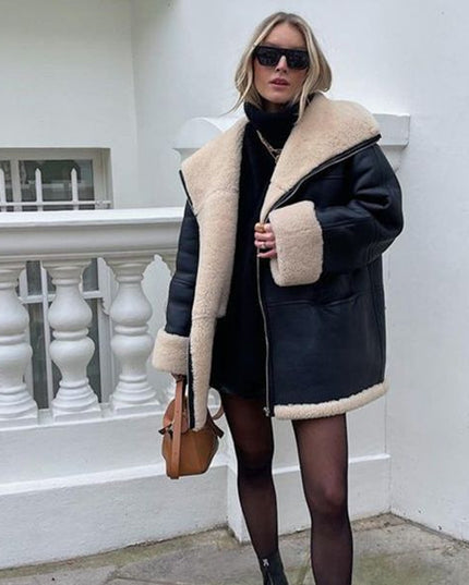 Fashion Cashmere Leather Fur Collar Composite Leather Coat