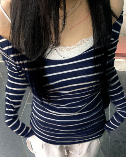 Oblique Shoulder Stripes Lightweight Slim-fit Long Sleeve Casual Top