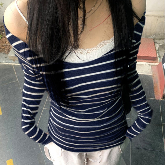 Oblique Shoulder Stripes Lightweight Slim-fit Long Sleeve Casual Top