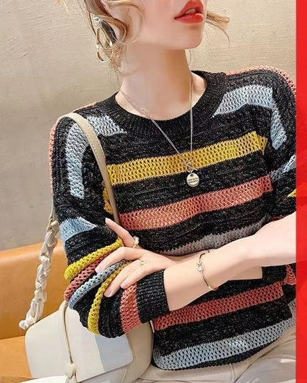Loose Short Hollow Color Striped Sweater
