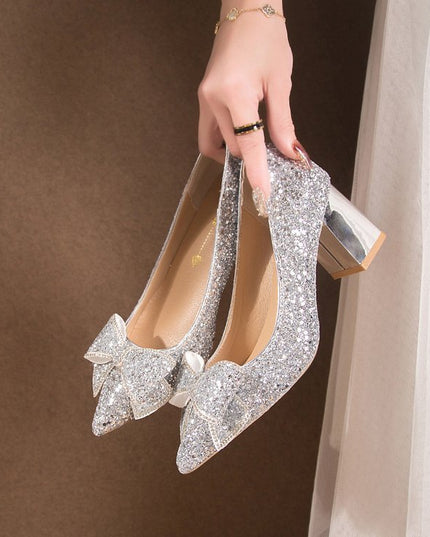 Crystal Sequins Wedding Xiuhe Chunky Heel Pointed-toe Shoes