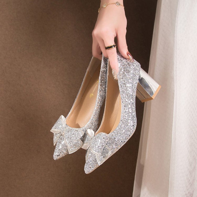Crystal Sequins Wedding Xiuhe Chunky Heel Pointed-toe Shoes