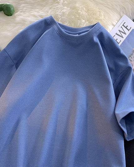 Men's Casual Solid Color Waffle Short Sleeved Shirt