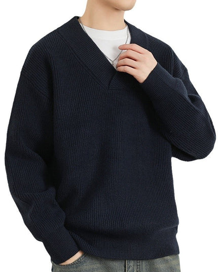 New V-neck Fashion Men's Solid Color Coarse Yarn Knitted Sweater