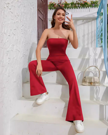 Solid Color Strapless Tube Top Flared Fit One-piece Trousers