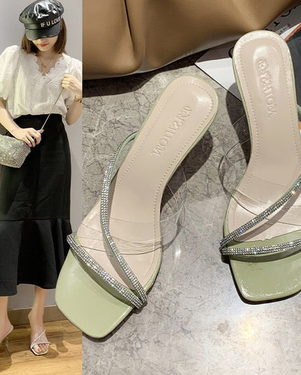 Women Wear Crystal Stiletto Sandals And Slippers