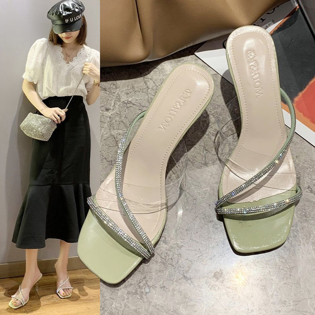 Women Wear Crystal Stiletto Sandals And Slippers