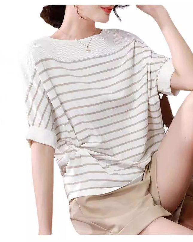 Women's Off-neck Ice Silk Short Sleeve Knitwear All-match Loose Striped Top