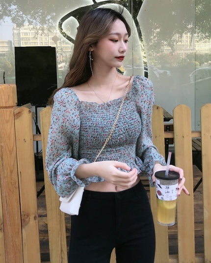 Summer Pleated Floral Print Chiffon Blouses Casual Puff