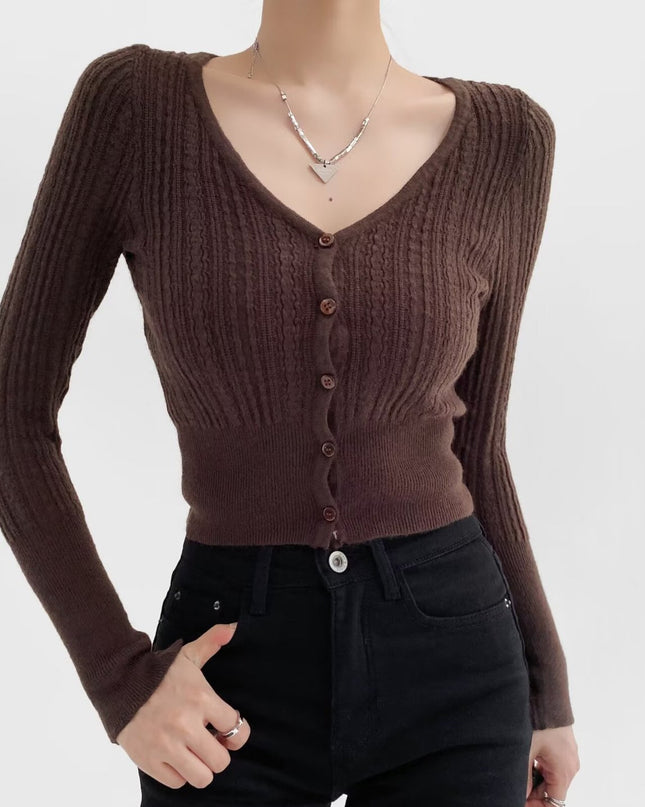 American Hot Girl Pure Desire Sexy V-neck Single-breasted Long Sleeve Sweater