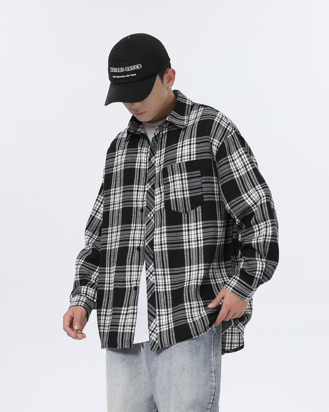 American Retro Plaid For Men Spring And Autumn Loose Casual Bottoming Shirt Coat