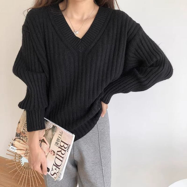 Retro V-neck Pullover Women's Loose Sweater