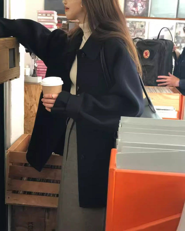 Lapel Single Breasted Mid-length Woolen Coat