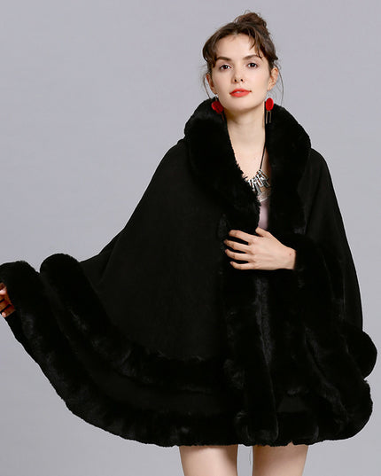 Faux Fox Fur Collar Fur Hooded Knit Cardigan Cape Cape Jacket