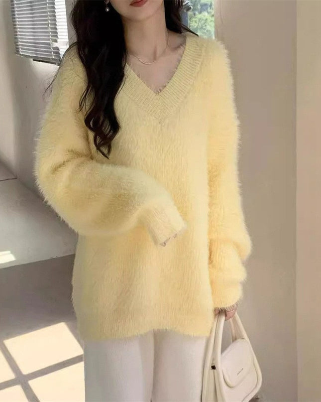 New Gentle Soft Glutinous Sweater Women's V-neck Imitated Mink