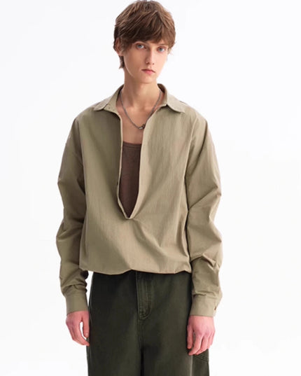Green Leisure Commute Deep V Elastic Lower Hem Loose Long Sleeve