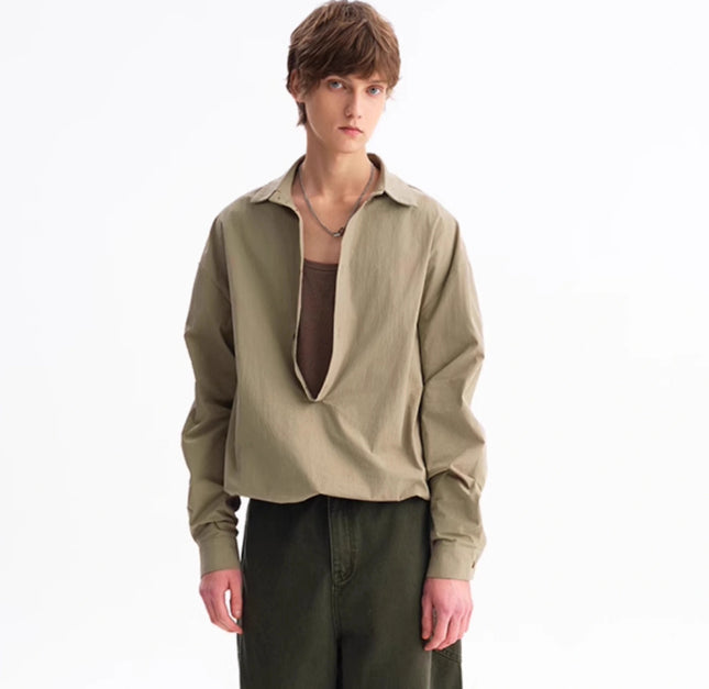 Green Leisure Commute Deep V Elastic Lower Hem Loose Long Sleeve