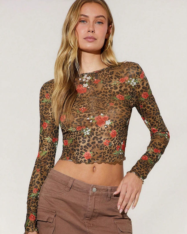 Leopard Print Flower Printed Mesh Round Neck Short Long-sleeved
