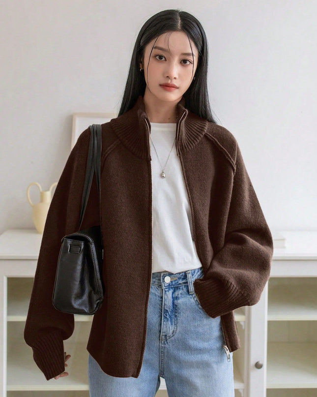 Solid Color Stand Collar Zipper Knitted Cardigan Top