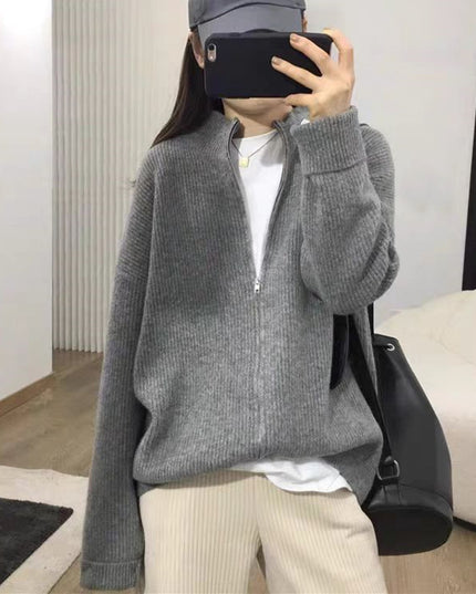New Outdoor Idle Style Solid Color Zipper Knitted Cardigan Top