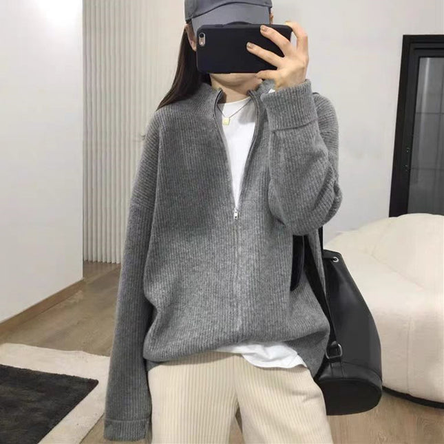 New Outdoor Idle Style Solid Color Zipper Knitted Cardigan Top