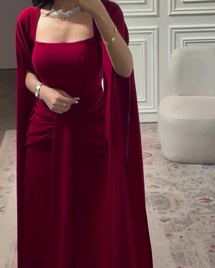 Elegant Burgundy Square - Neck Cape  Maxi Dress