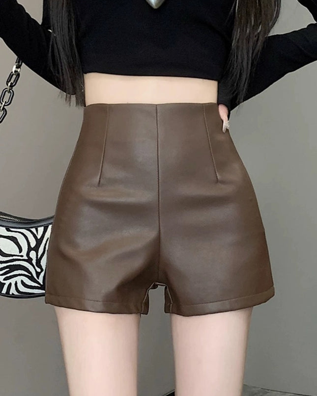 Women's High Waist Outer Wear Slimming PU Leather Shorts