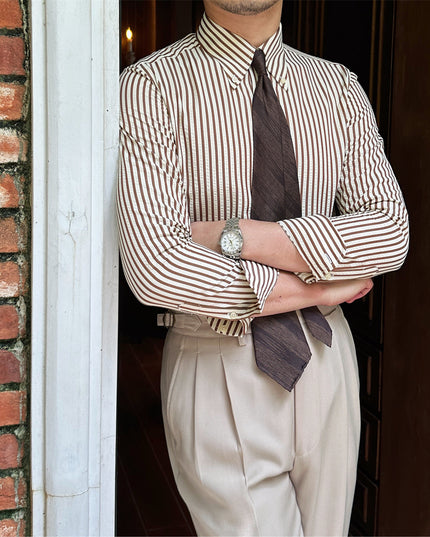 Men's Seersucker Breathable Stripes Long-sleeved Shirt