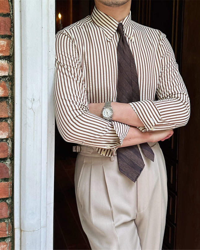 Men's Seersucker Breathable Stripes Long-sleeved Shirt