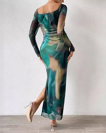 Printed Pleated Sexy Tight Split Square Collar Dress