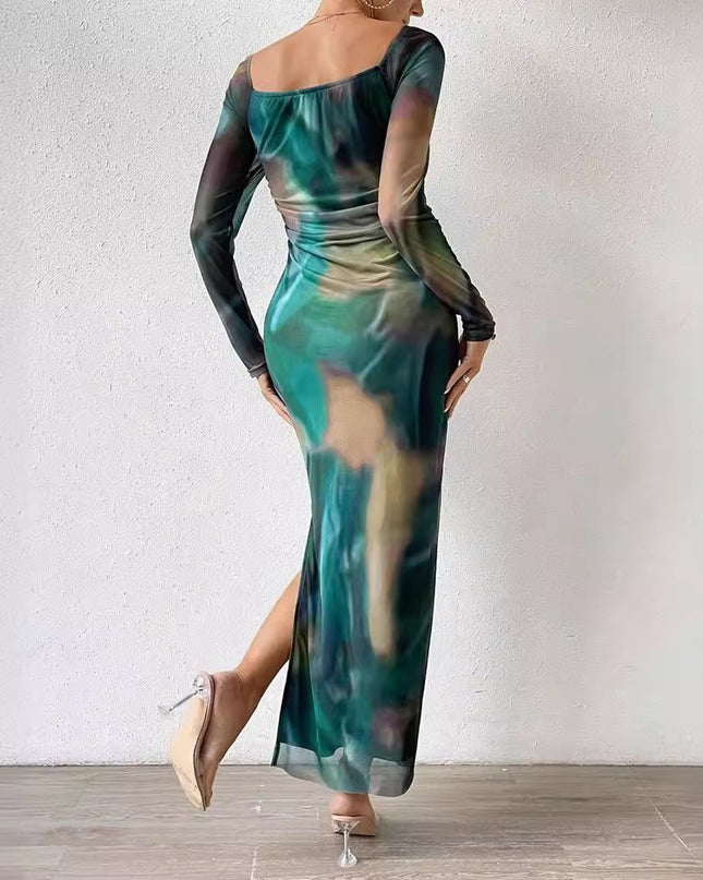 Printed Pleated Sexy Tight Split Square Collar Dress