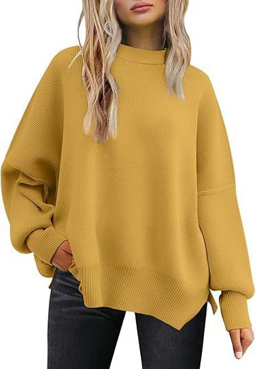 Thick Needle Side Slit Sweater Round Neck Loose Solid Color Batwing Long Sleeve Sweater For Women
