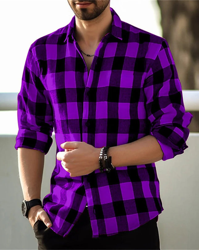 European And American Long Sleeve Loose 3D Personalized Printed Plaid Design Striped Shirt