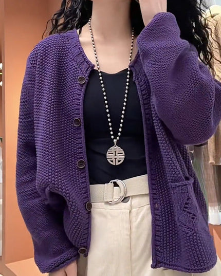 Women's Solid Color Round Neck Long Sleeve Knitted Sweater Coat