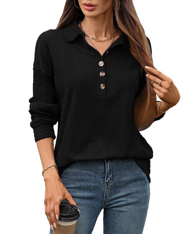 Solid Color Polo Collar Button Loose Long Sleeve Sweatershirt
