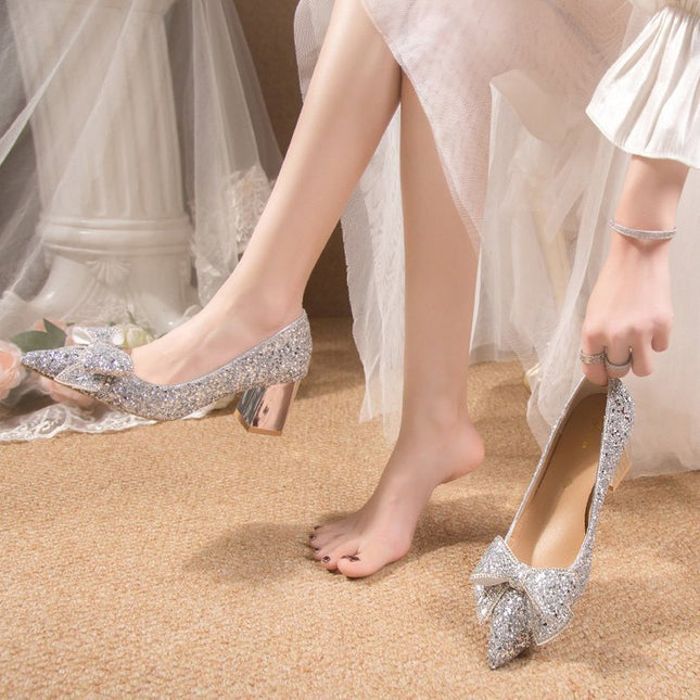 Crystal Sequins Wedding Xiuhe Chunky Heel Pointed-toe Shoes