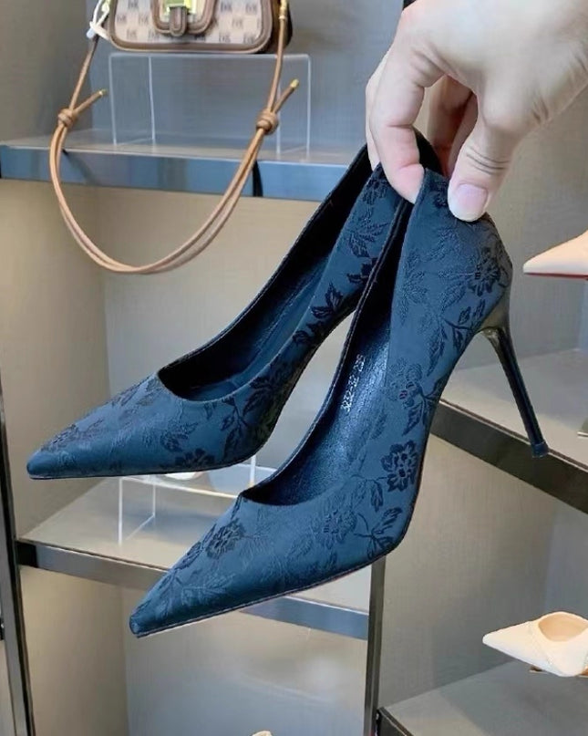 Pointed Toe Chinese Style Embroidery Low-cut High Heels Women's Stiletto Heel