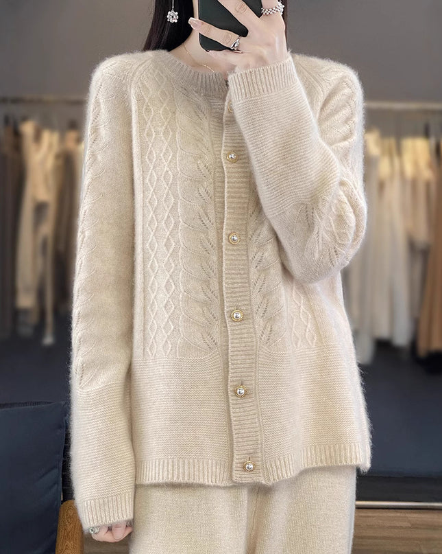 Round Neck Pure Wool Knit Cardigan Women's Long Sleeve Casual Simple